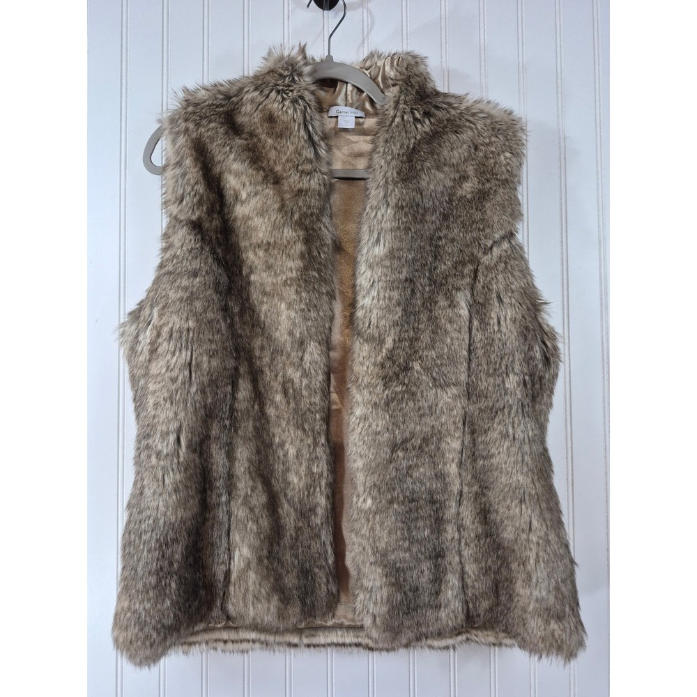Garnet Hill Faux Fur Vest Brown Tan Open Front Lined Large Plush Cozy Hippie